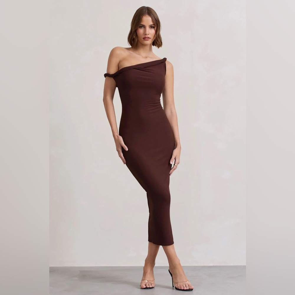 SALOME Chocolate Brown Twisted Asymmetric Midi Dress